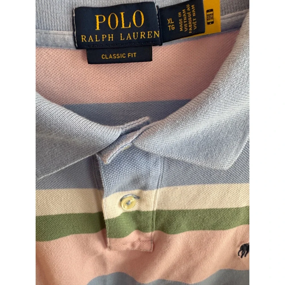 Polo Ralph Lauren Mens XL Classic Fit Striped Polo Shirt Blue Pink Green Cotton